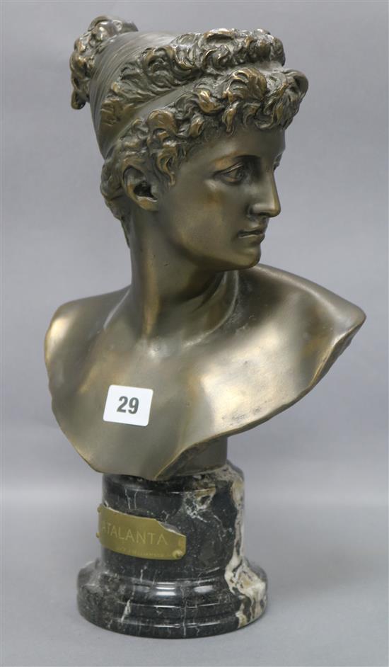 A spelter bust of a lady Atlanta, by F.J. Williamson height 36.5cm